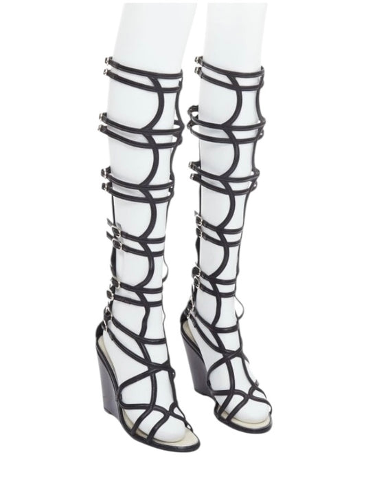 Chanel 2010 Black Leather Interlocking CC Gladiator Wedge Sandals EU 39