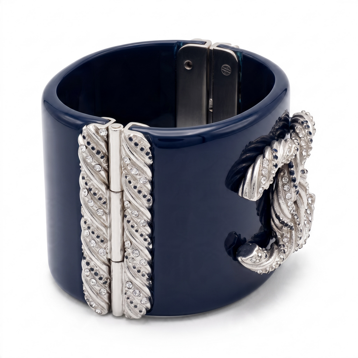 Rare Chanel 13P Navy Blue Silver Crystals Lucite Statement Bracelet Cuff