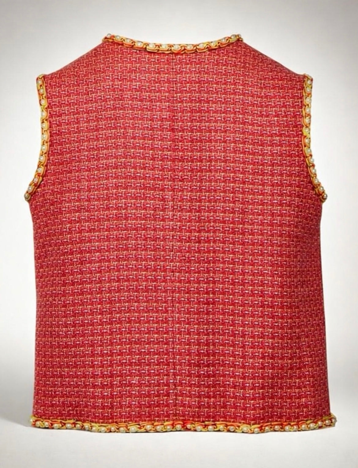 Rare Chanel 17S Pink Red Multicolor Pearl Trim Tweed Waistcoat Vest FR 40
