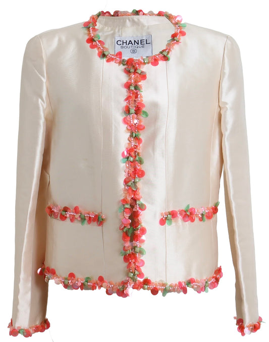 Vintage Chanel 96P Barbie Ivory Shantung Silk Sequin Beaded Pallets Jacket FR 42