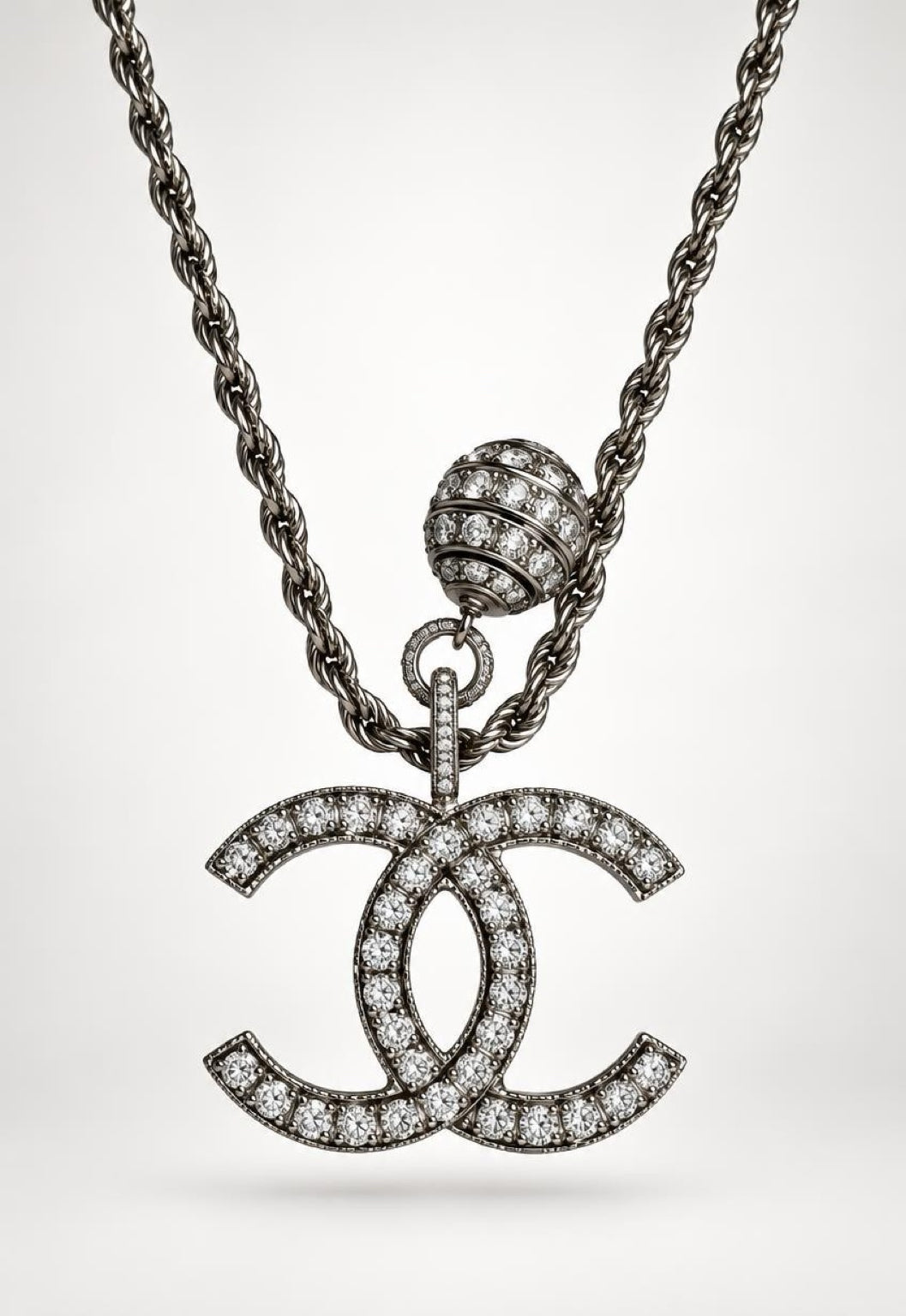 Chanel 08A Paris-London Extra Long Silver Rope Crystal CC Pendant Necklace