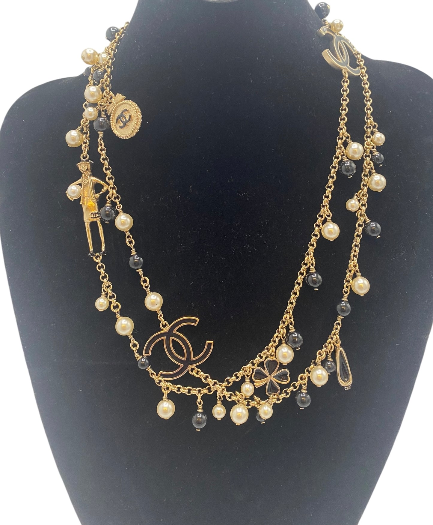 Chanel 14P Limited Edition Coco Lucky Charms Long Gold Black Pearl CC Necklace