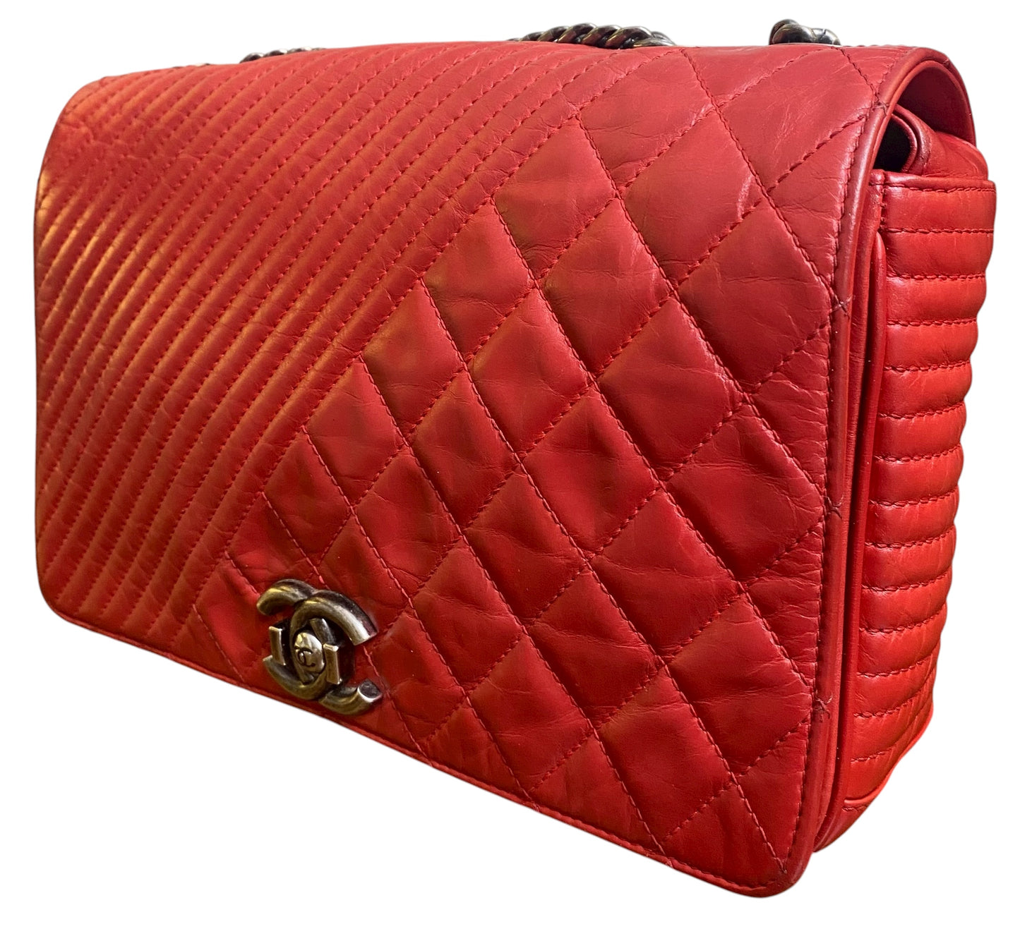 Chanel Red Quilted Glazed Aged Calfskin Leather Medium Coco Boy Flap Bag