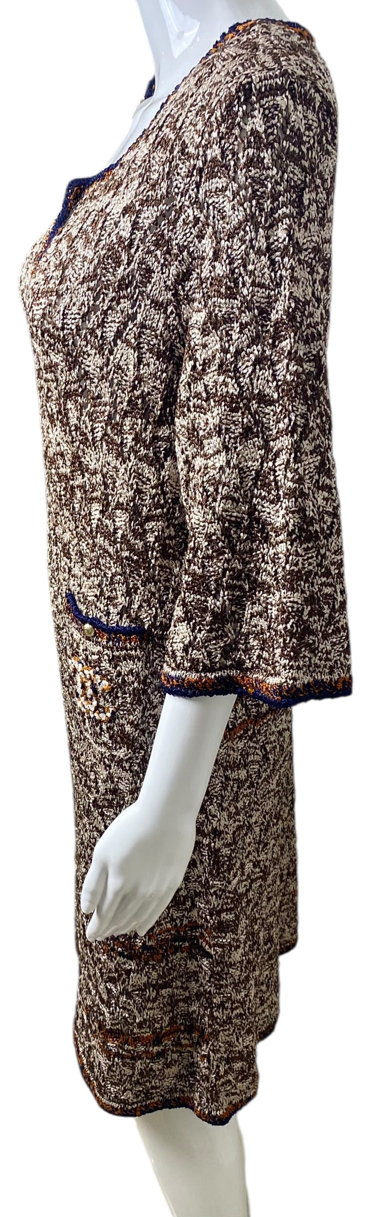Chanel Brown Orange Navy CC Knit Crochet Dress FR 46