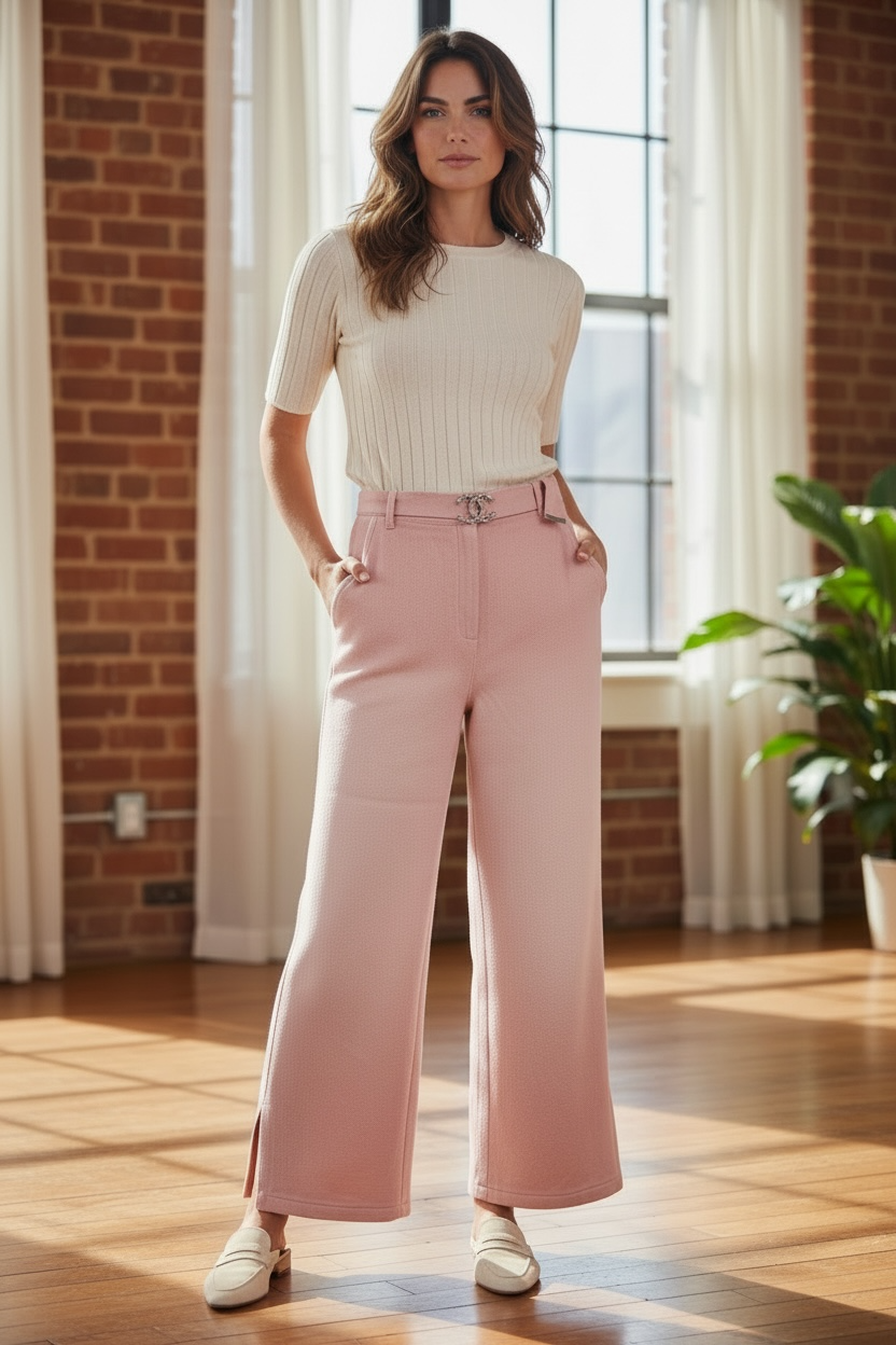 Chanel 19S Sand by the Sea CC Buckle Light Pink Cotton Wide Leg Jeans FR 44