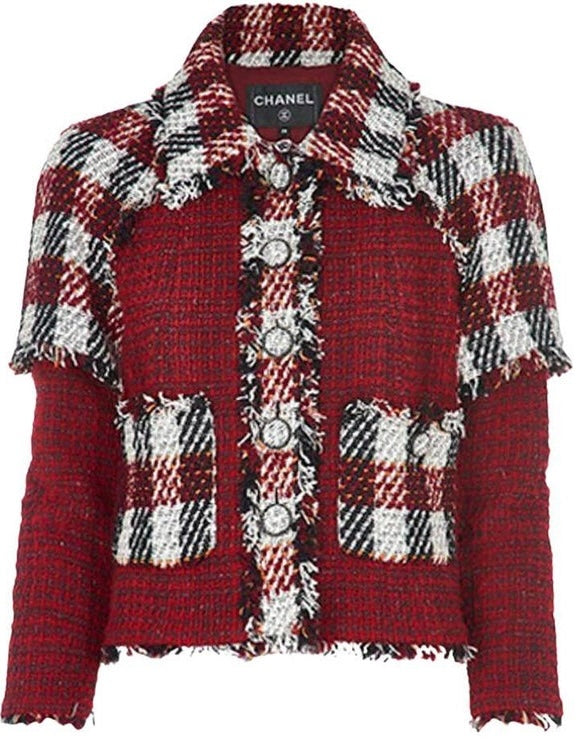 Chanel 16A Runway Burgundy Plaid Tweed Fringe Jacket FR 40