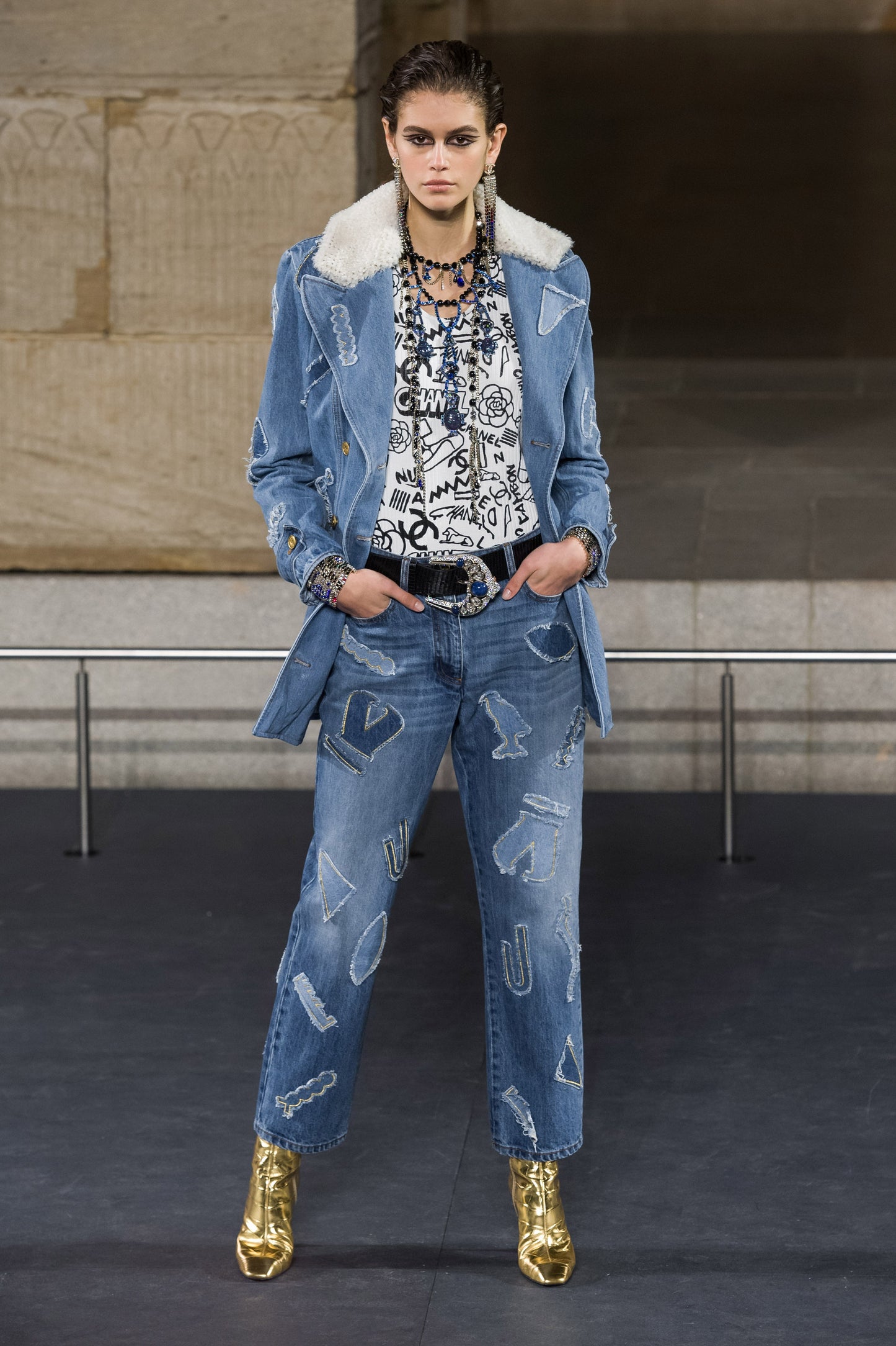 Chanel 19A Paris-New York Egypt Blue Denim & Shearling Hieroglyph Coco Shopping Tote