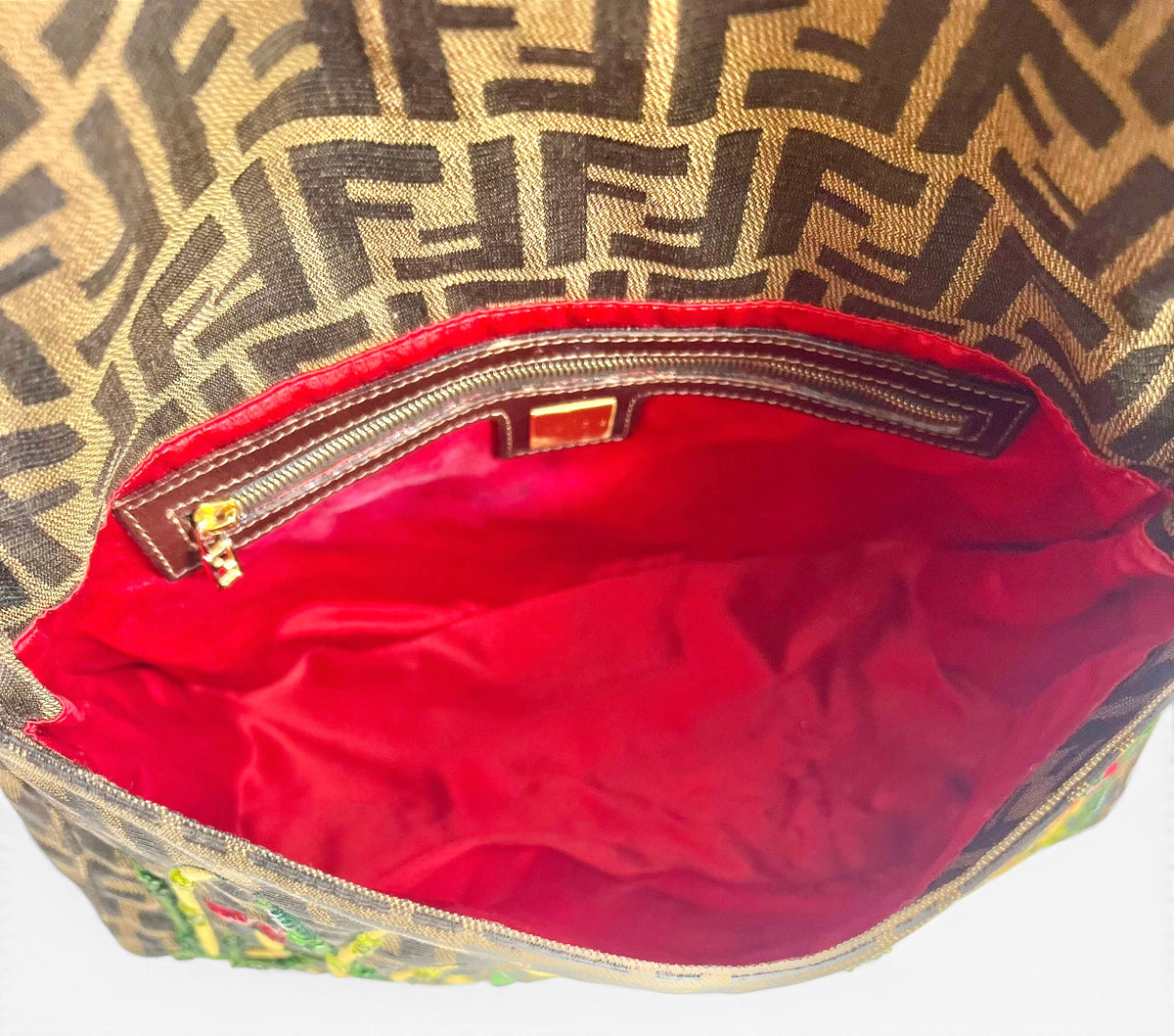 Vintage FENDI Garden Floral Embroidered Beaded Pony Hair Zucca FF Mamma Baguette Bag
