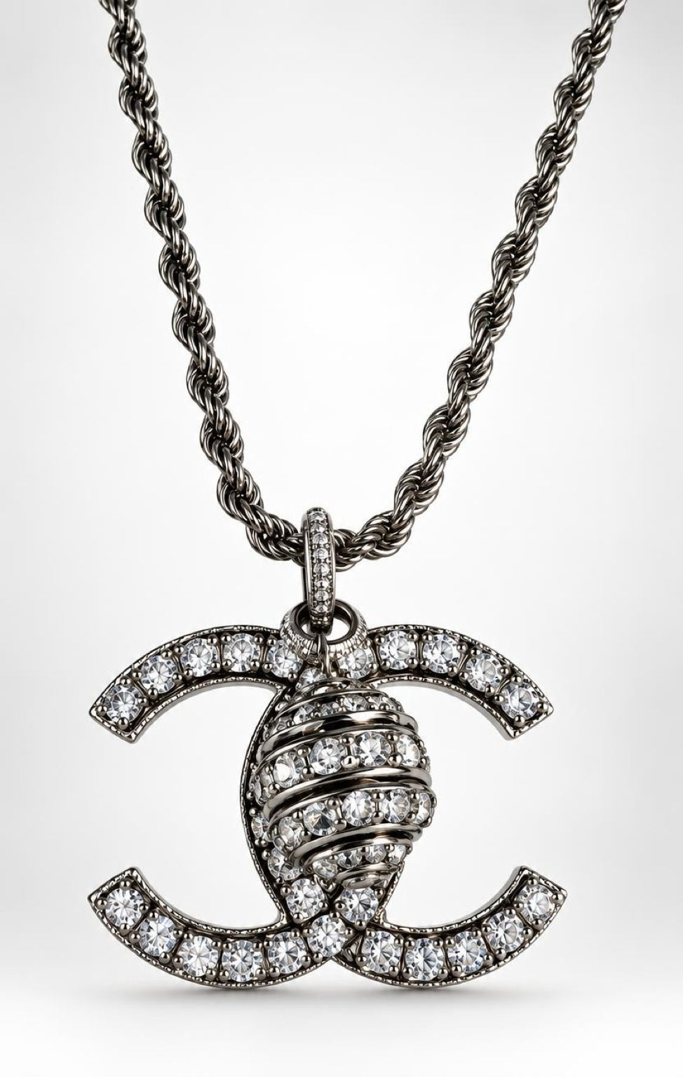 Chanel 08A Paris-London Extra Long Silver Rope Crystal CC Pendant Necklace