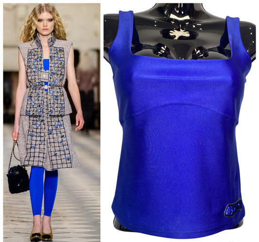 Chanel 21A Runway Royal Blue Sequin Logo Cropped Top Blouse FR 38
