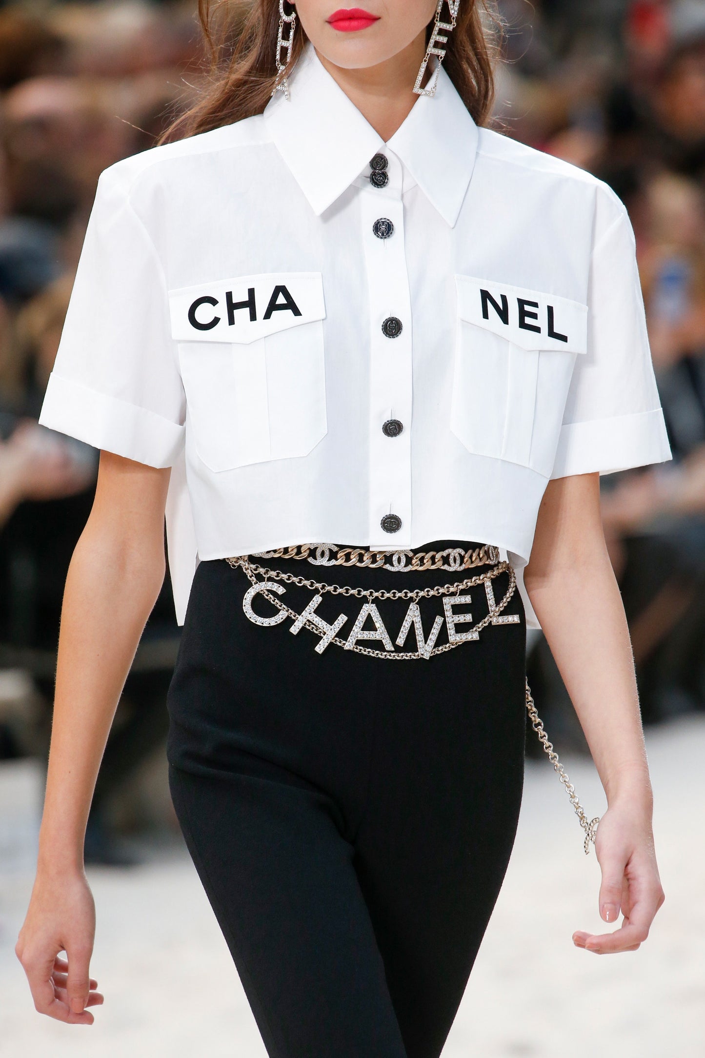 Chanel 2019 Logo Runway White Cropped Shirt Blouse FR 38