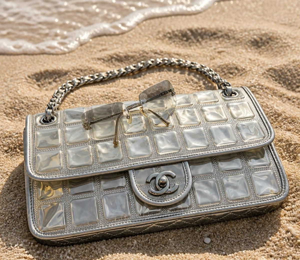 ICONIC Chanel 08C Medium Ice Cube Metallic Silver PVC Calfskin Classic Single Flap Bag