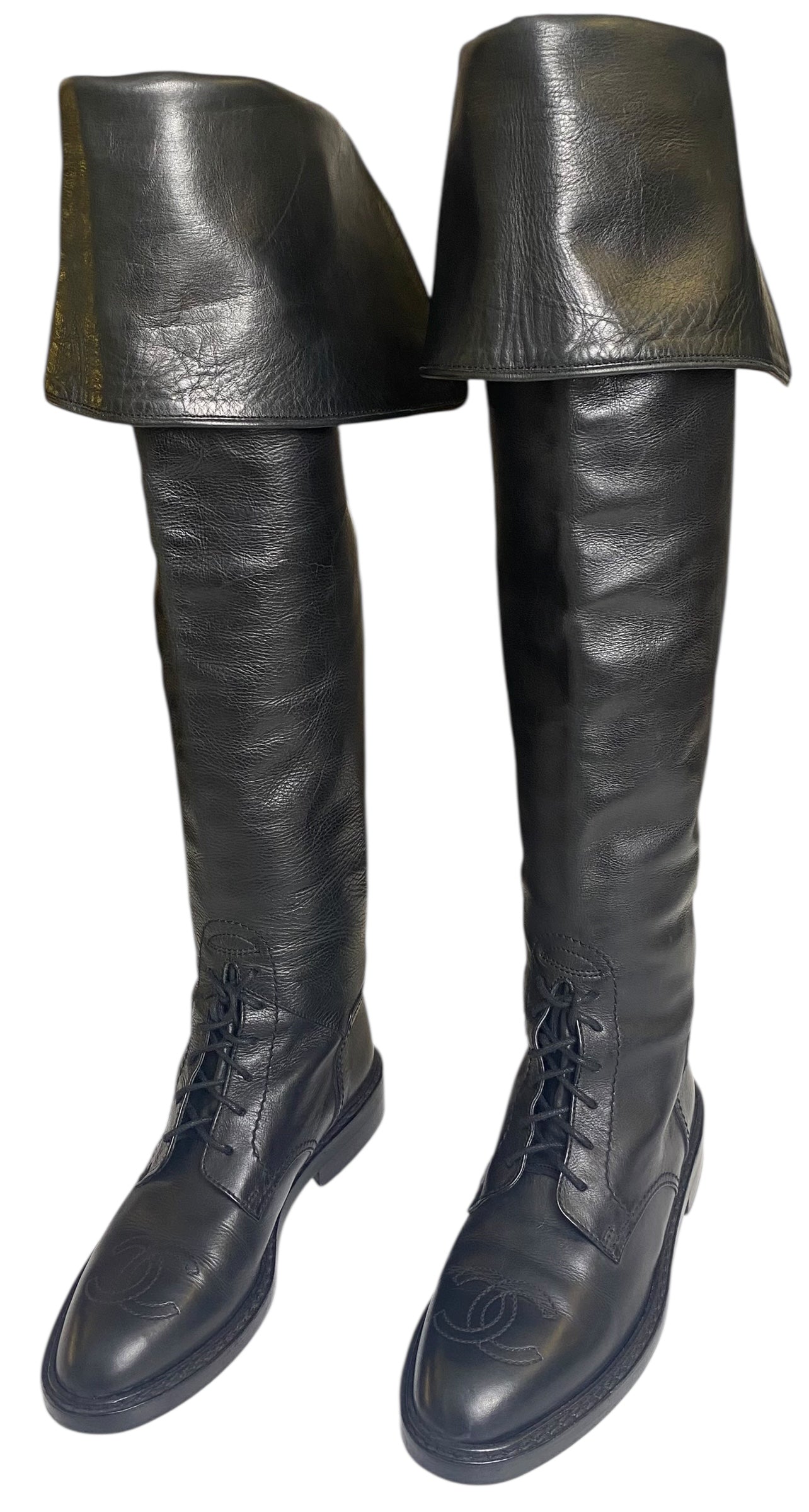Rare Vintage Chanel 90s Claudia Schiffer Black Leather CC Riding Boots EU 36 (fits 37)