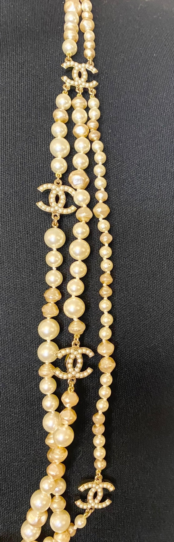 Rare Chanel 09A Extra Long 3 Strand 10 CCs Metal Camellia Long Statement Necklace GHW