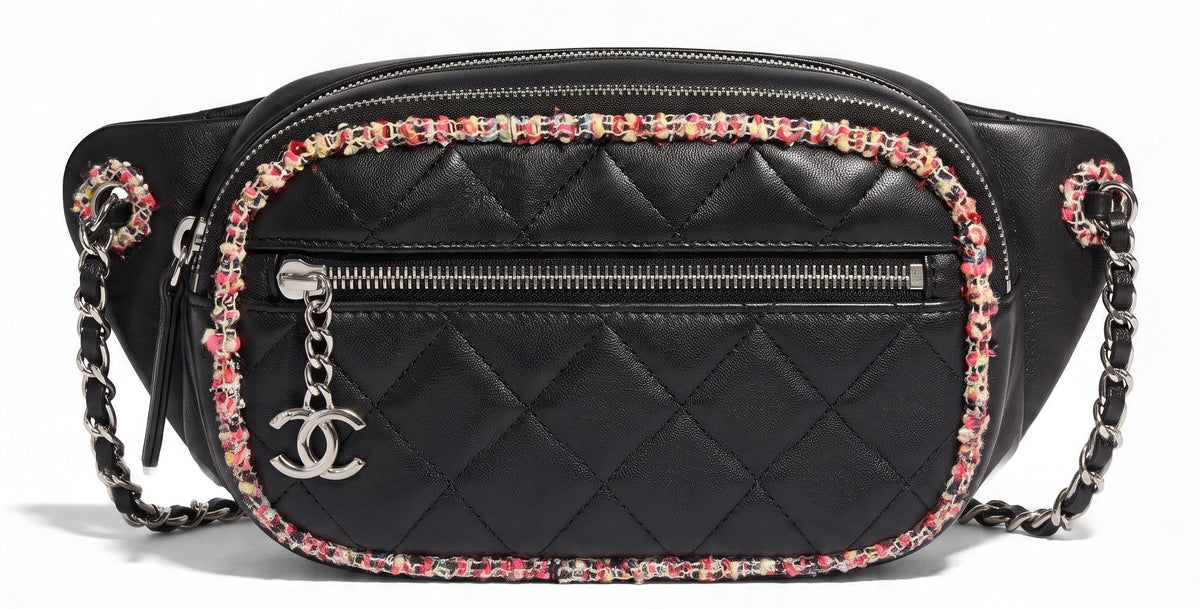 Chanel 19S Black Leather Multicolor Tweed Trim Quilted Waist Belt Bag