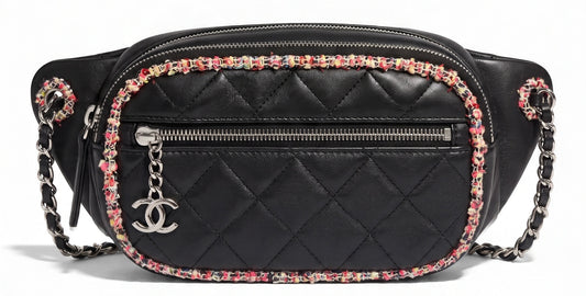 Chanel 19S Black Leather Multicolor Tweed Trim Quilted Waist Belt Bag