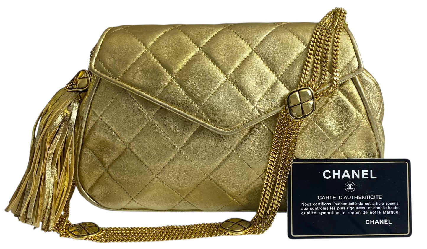 Rare 90’s Chanel Vintage Gold Quilted Lambskin Leather Multi Chain Jewelry Tassel Bag
