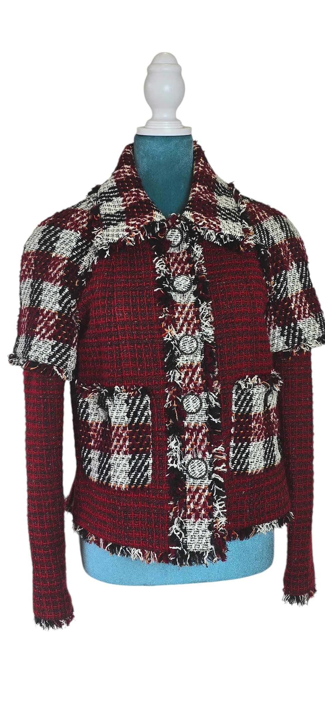 Chanel 16A Runway Burgundy Plaid Tweed Fringe Jacket FR 40