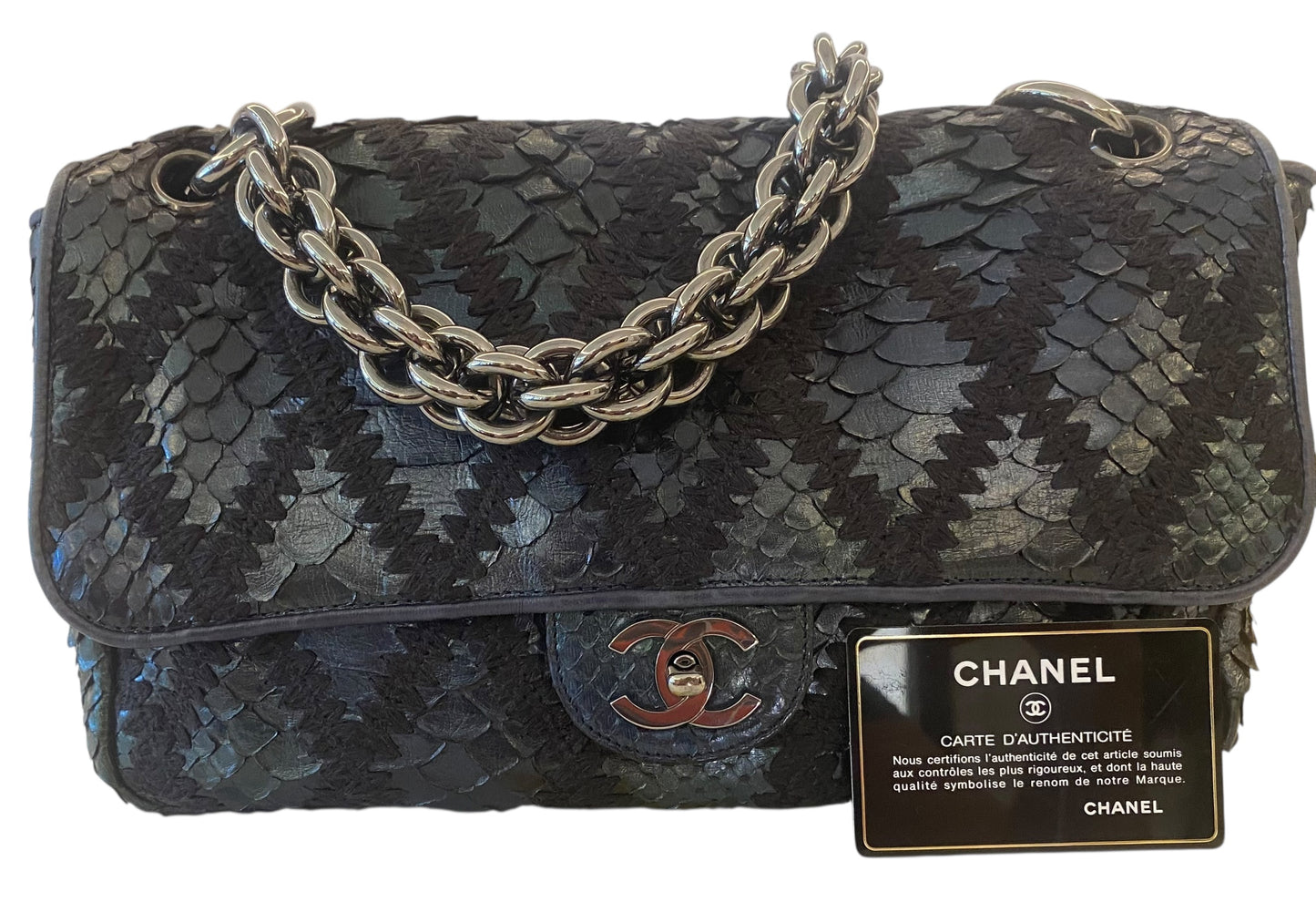 Chanel Metallic Blue & Green Python and Crochet Flap Bag