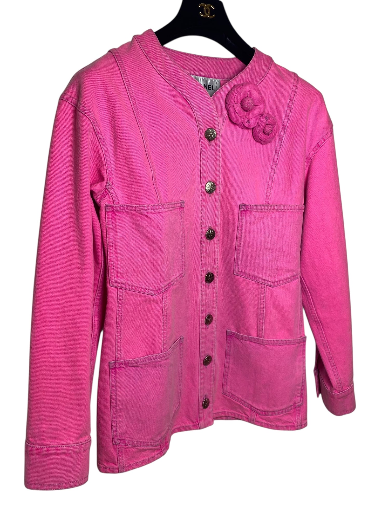 Chanel 21S Two Camellia Bright Neon Pink Denim Jacket FR 36