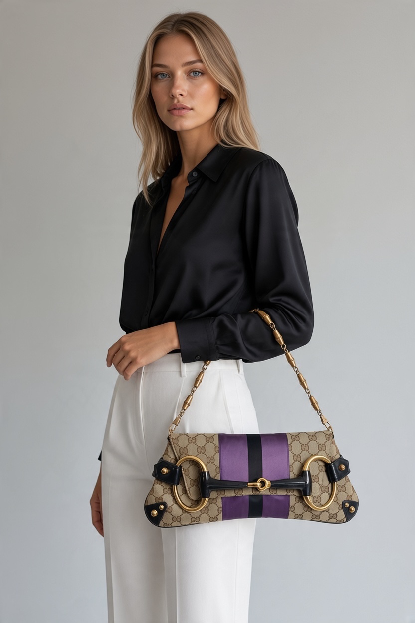 Gucci Large 1955 Tom Ford Classic Purple Black GG Monogram Horsebit Clutch Handbag GHW