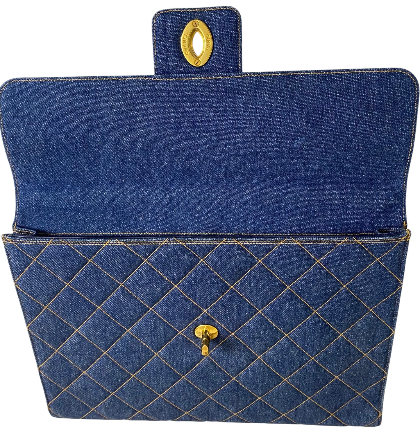 Chanel Vintage 1996 XL Blue Denim Quilted Jumbo Top Handle Briefcase Handbag