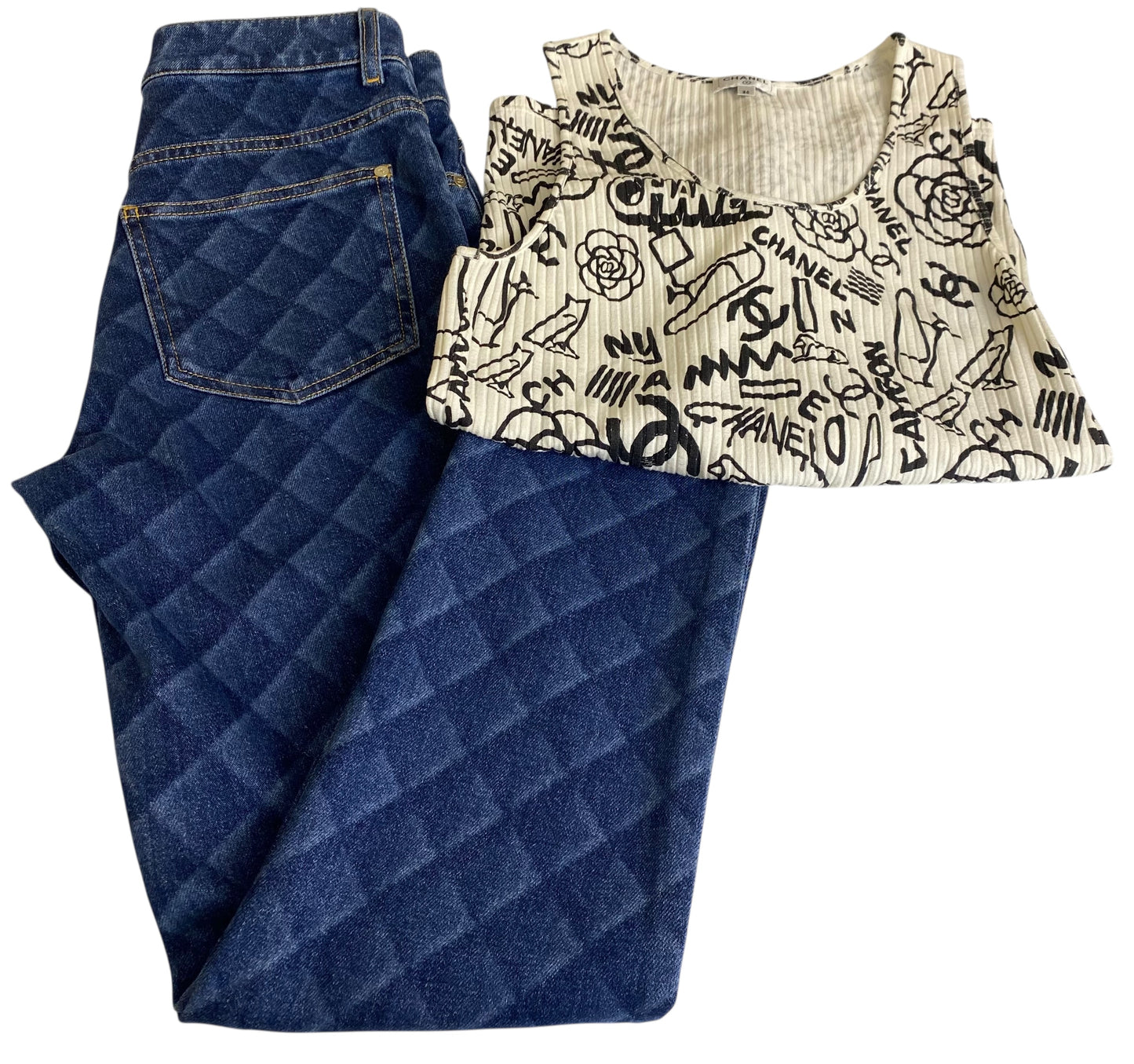 Chanel 22B Dark Blue Quilted Print Jeans FR 36