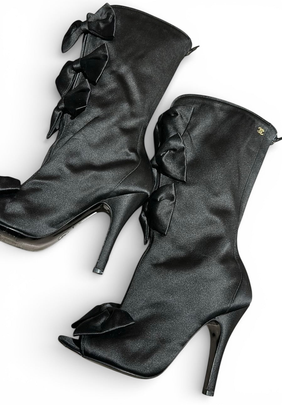 Rare Chanel 09P Black Satin CC Bow Mid Calf Peep Toe Booties Ankle Boot Heels FR 38