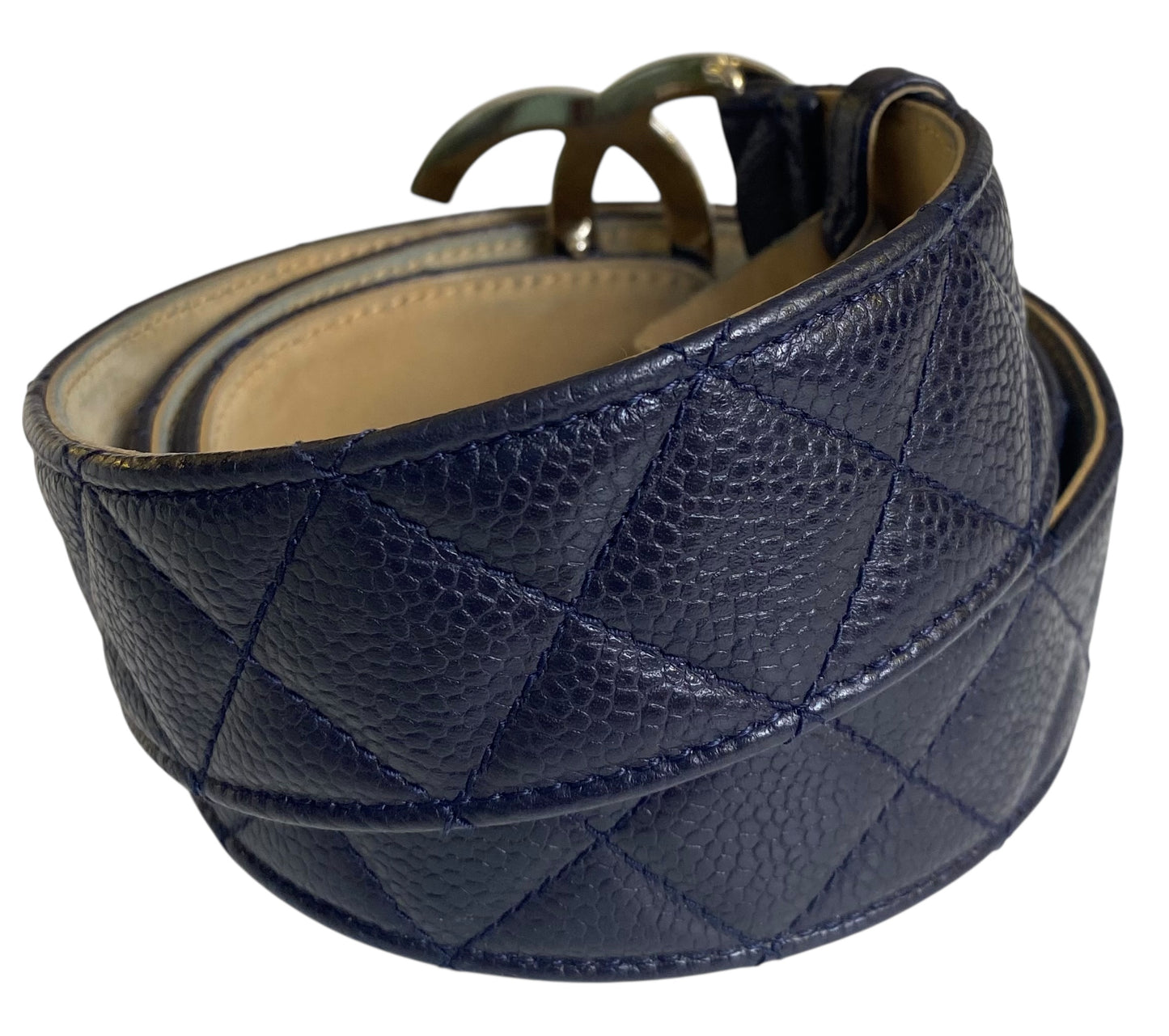 Chanel 13B Navy Blue Caviar Leather Quilted Silver CC Belt Size 90/36