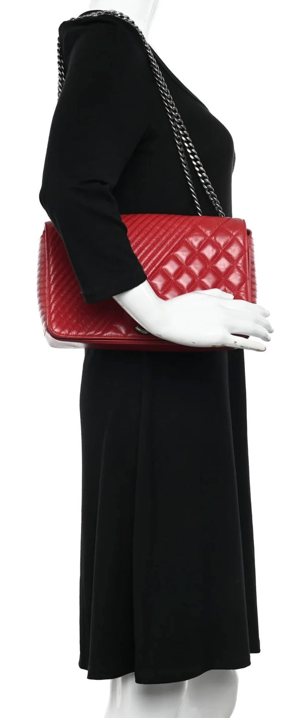 Chanel Red Quilted Glazed Aged Calfskin Leather Medium Coco Boy Flap Bag