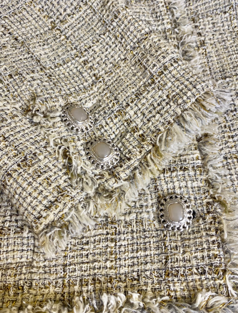 Chanel 10P Fantasy Tweed Beige Metallic Gold Jacket Skirt Suit Set FR 42/44
