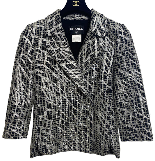 Chanel 12P Double Breasted Silver Metallic Graffiti Black Removable Pearls Jacket FR 36