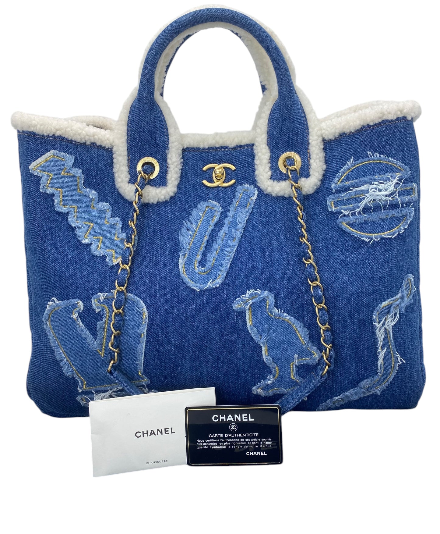 Chanel 19A Paris-New York Egypt Blue Denim & Shearling Hieroglyph Coco Shopping Tote