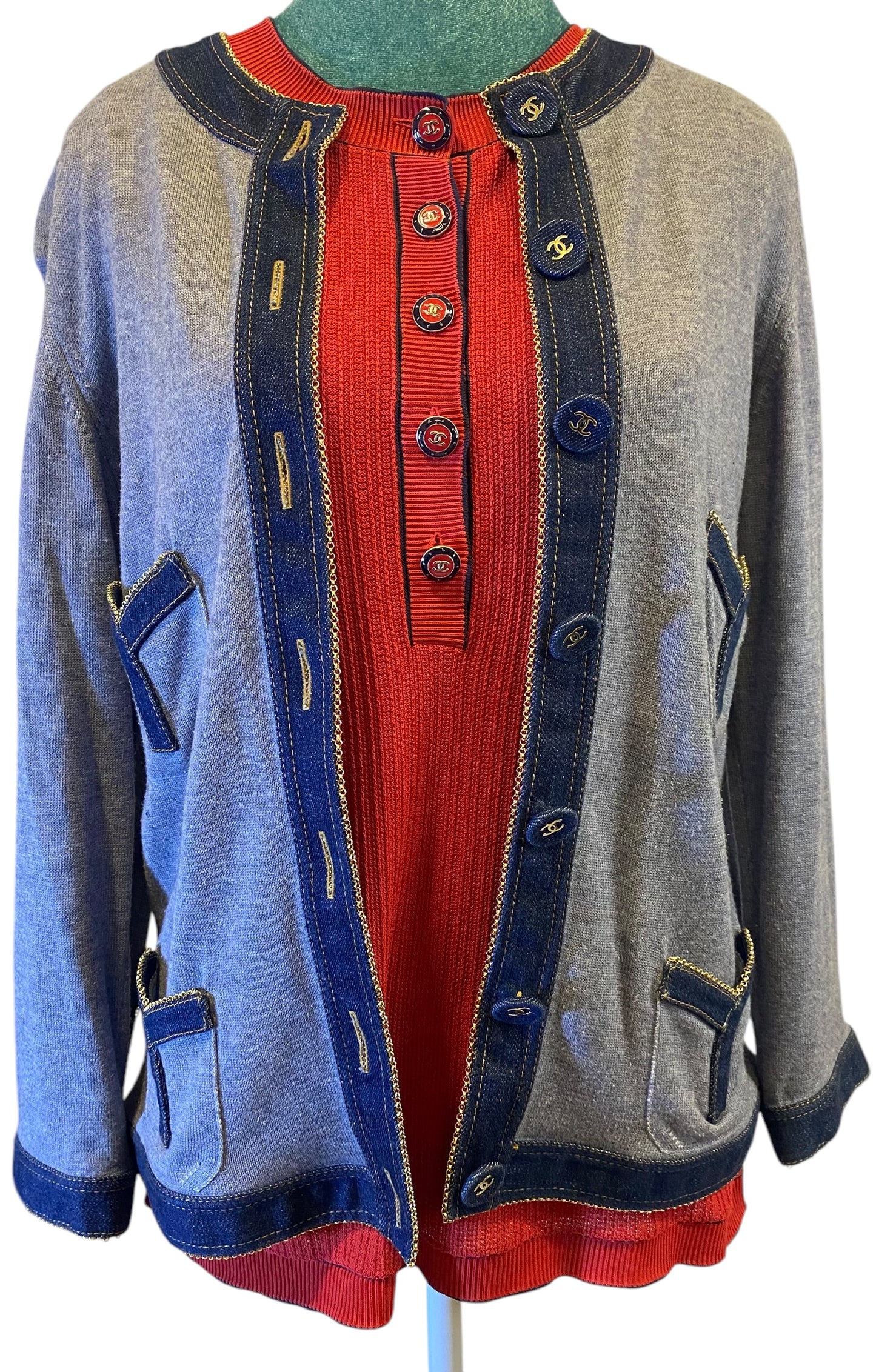 Chanel Red Navy Blue Cotton Knit Sleeveless Blouse FR 42