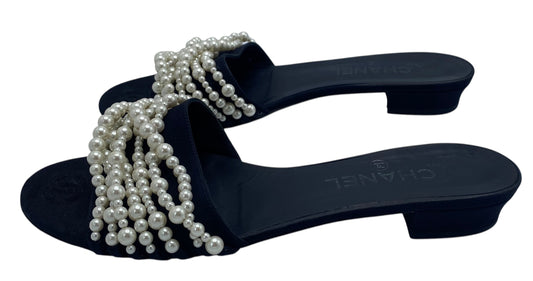 Chanel Classic Black White Pearl Slides Flats Sandals EU 39