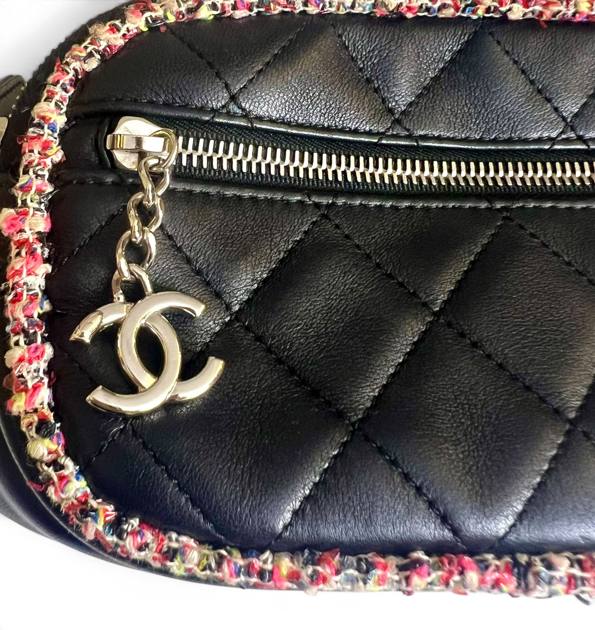 Chanel 19S Black Leather Multicolor Tweed Trim Quilted Waist Belt Bag