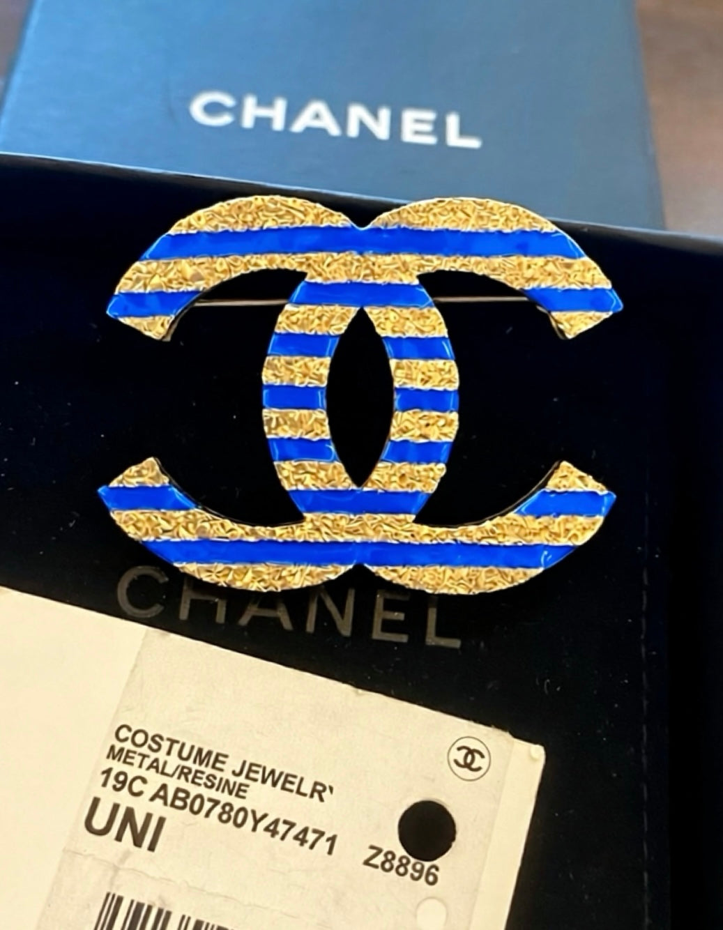 Chanel 19C La Pausa Large Gold Blue Stripe CC Brooch