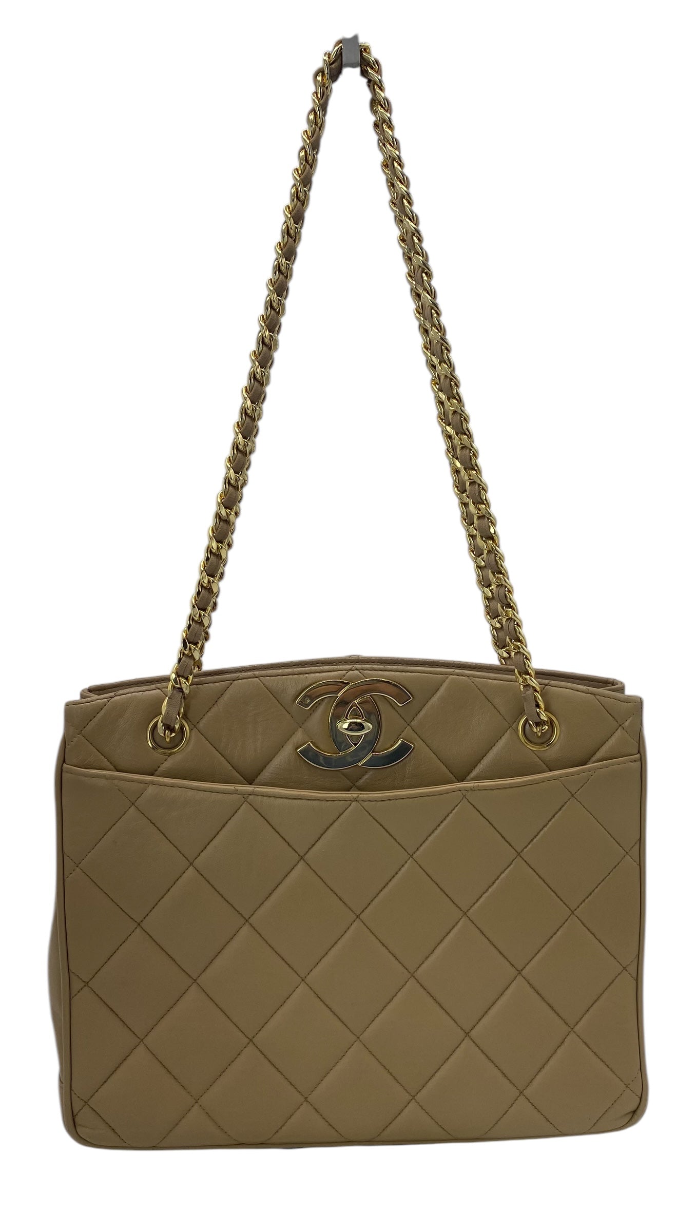 Chanel 90s Vintage 24K Big CC Beige Lambskin Pocket Chain Tote Bag
