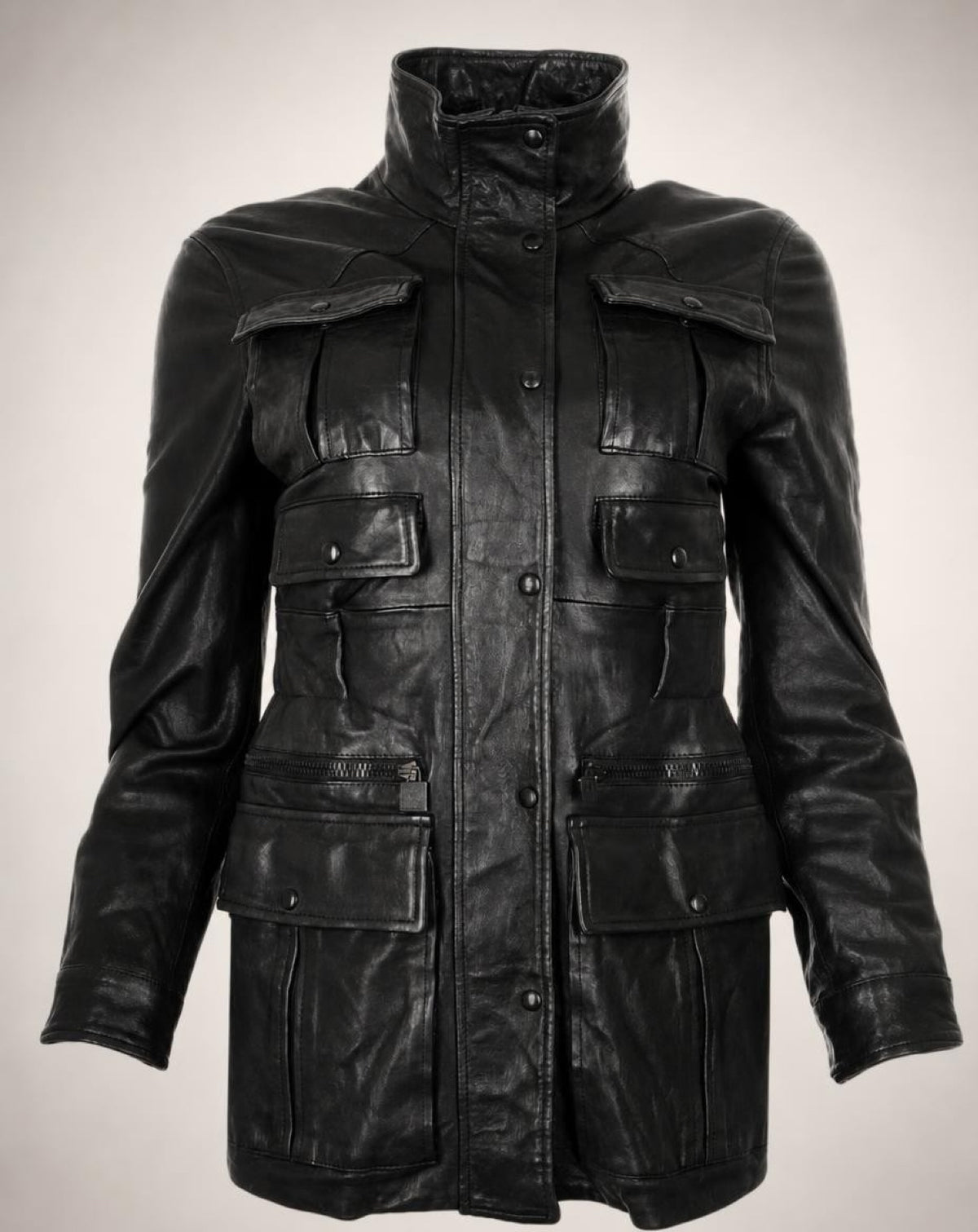 Chanel 07A Runway Black Lambskin Leather Utility Jacket Coat FR 40