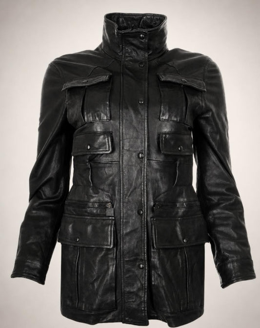 Chanel 07A Runway Black Lambskin Leather Utility Jacket Coat FR 40