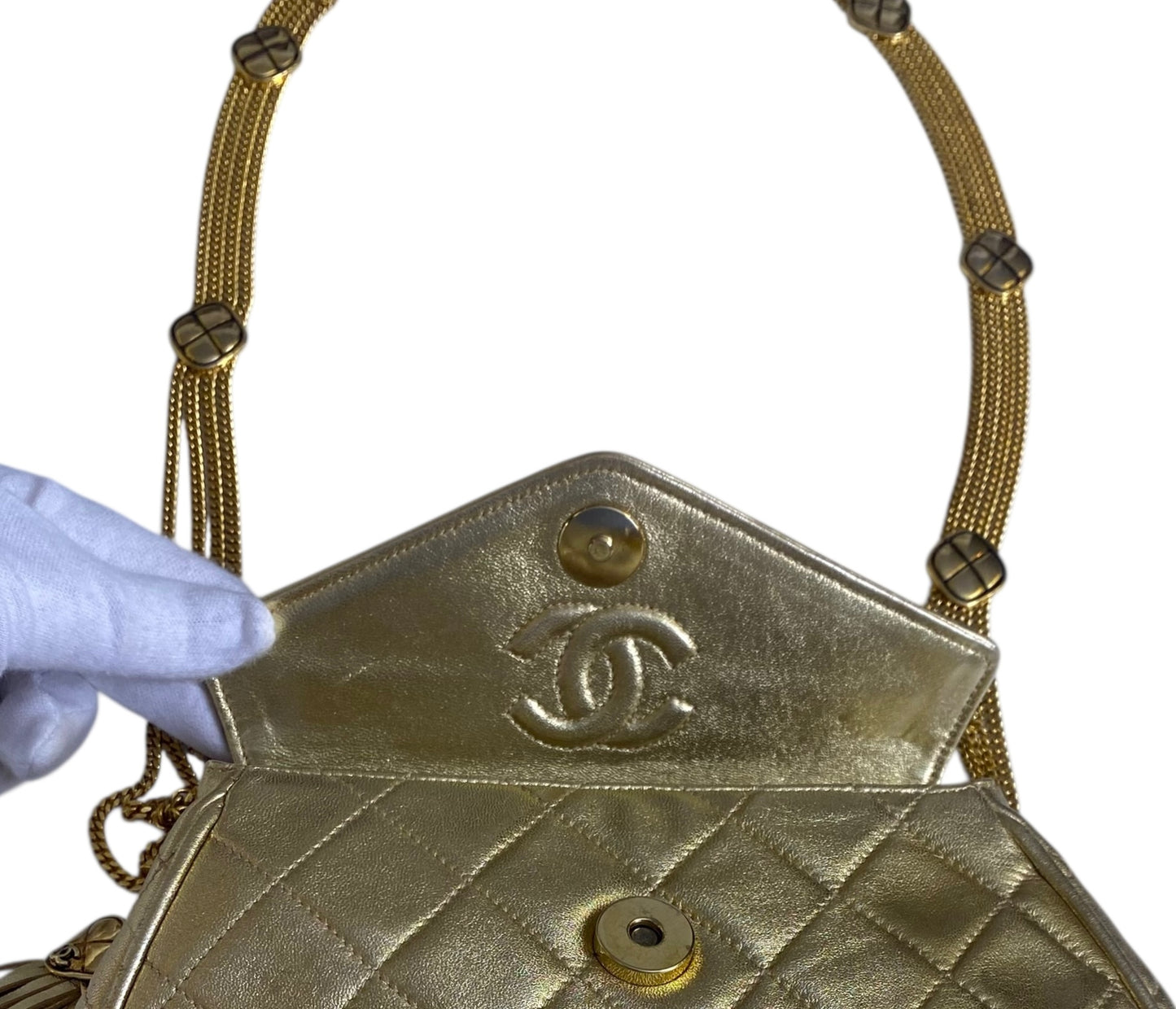 Rare 90’s Chanel Vintage Gold Quilted Lambskin Leather Multi Chain Jewelry Tassel Bag