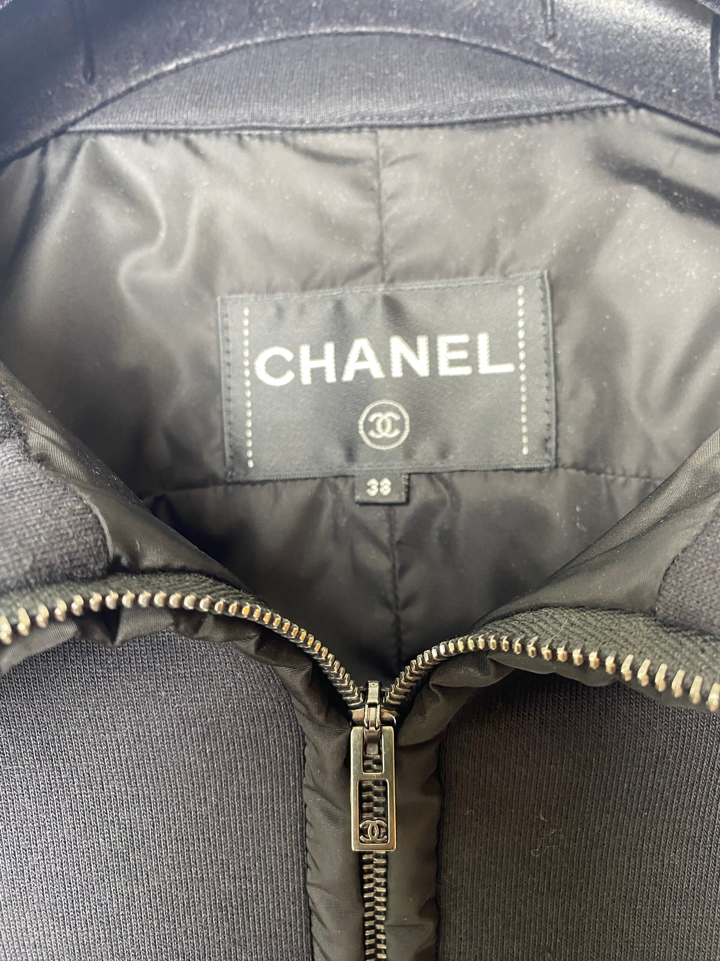 Chanel 2019 Black Hoodie Zip Up Bomber Quilted Sport Jacket FR 38