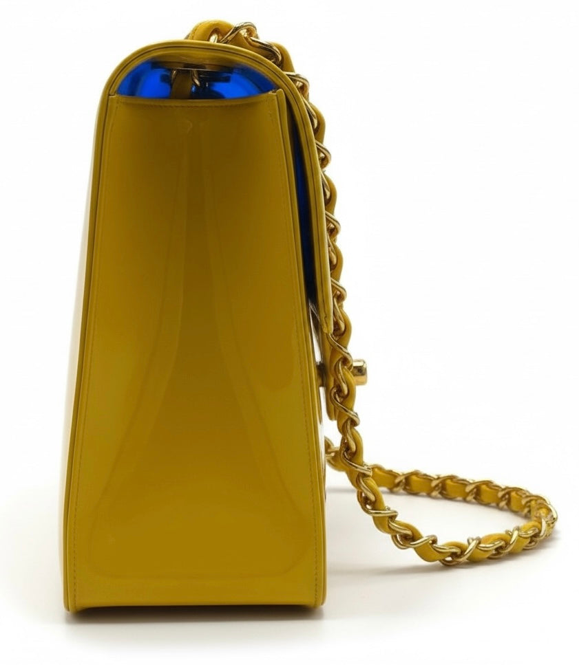 Chanel Ultra Rare 1995 Barbie Collection Yellow Blue Maxi PVC Vinyl Patent Flap Bag