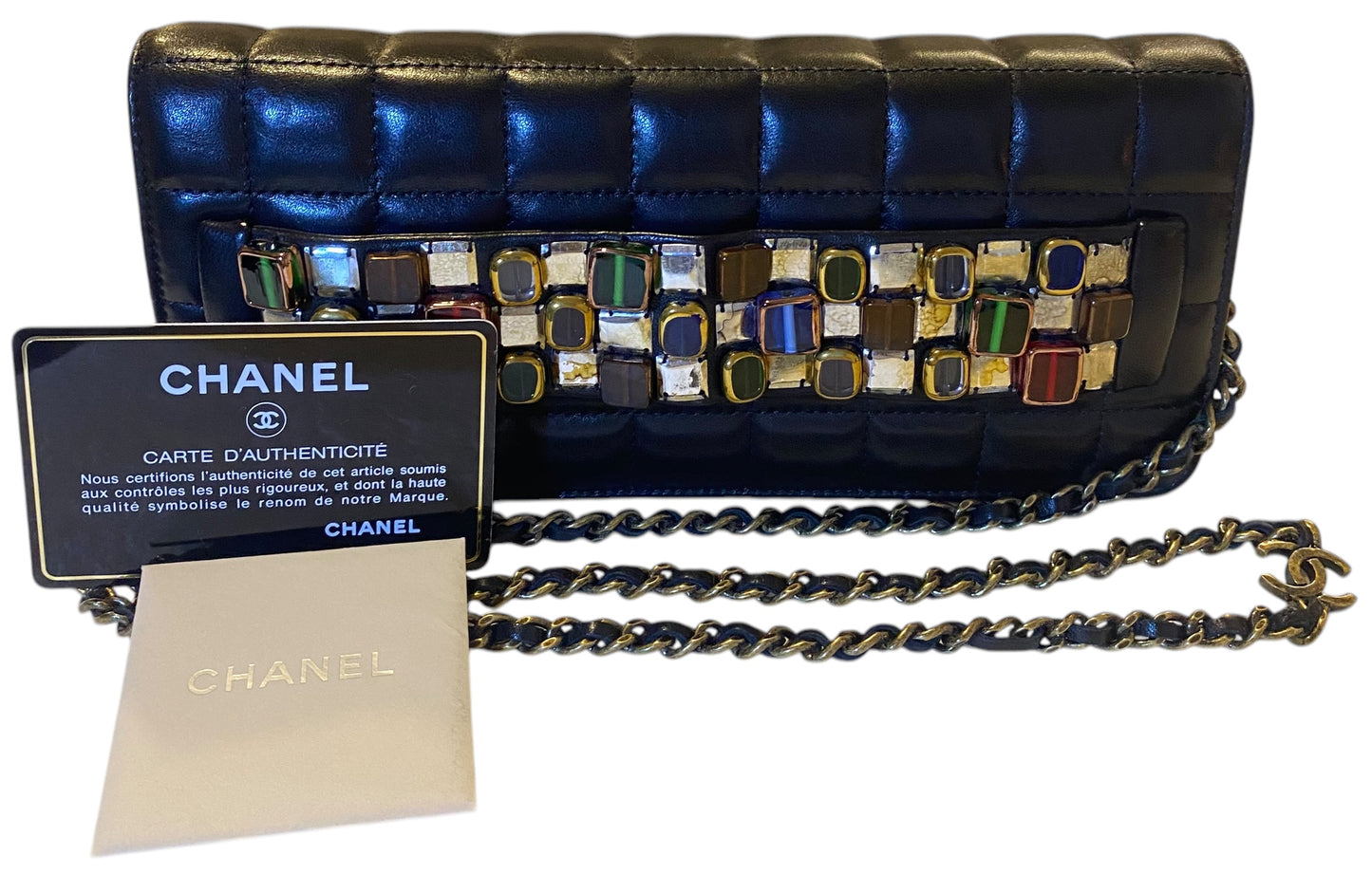 Chanel 11A Paris-Byzance Black Chocolate Bar Lambskin Leather Jeweled Clutch Minaudière Bag