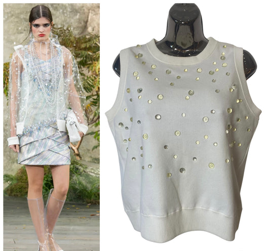 CHANEL 18P WATER DROP EMBELLISHED COTTON BLOUSE TOP FR 38