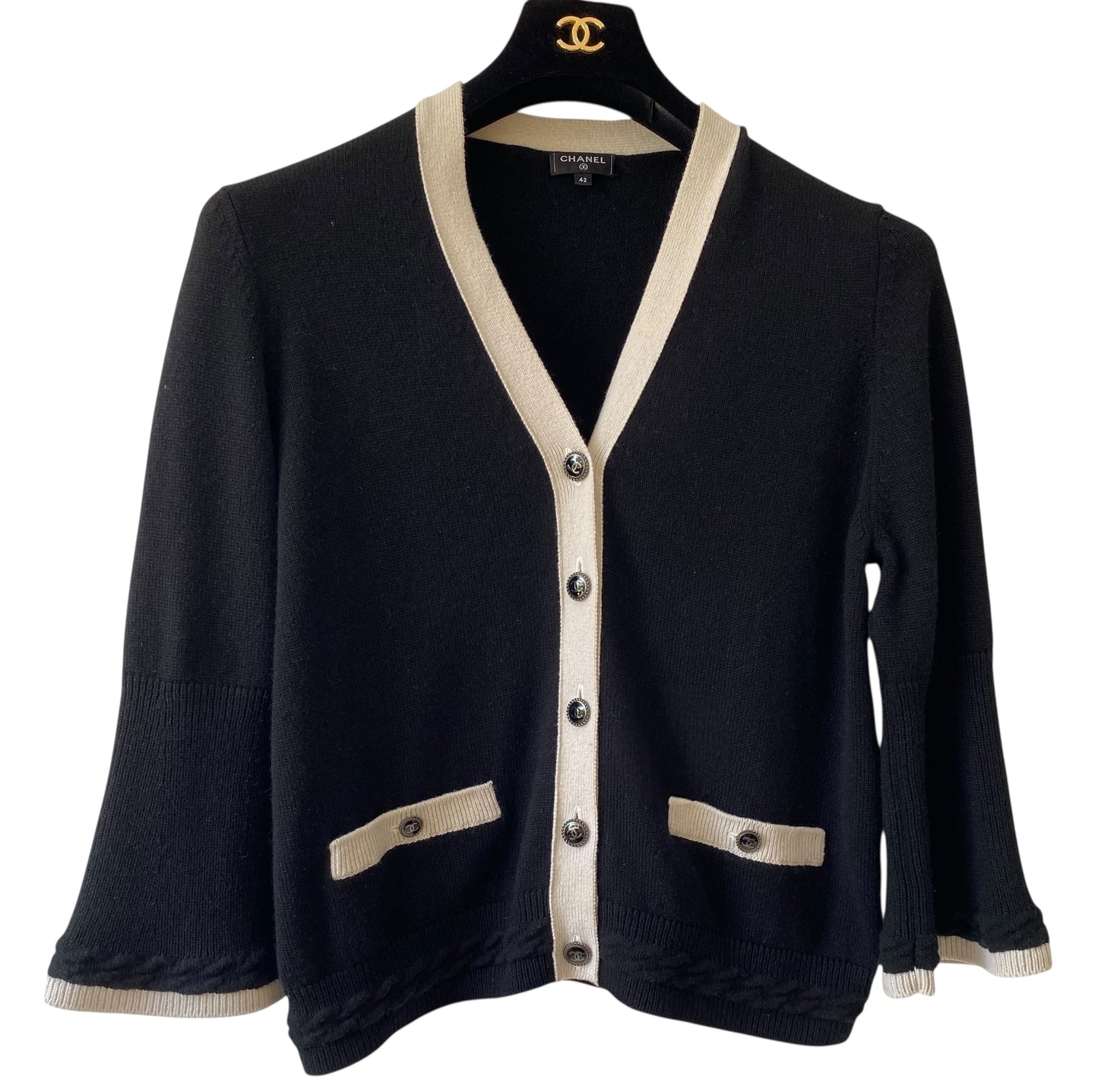 Chanel Cashmere Black and Ecru Classic Cardigan FR 42