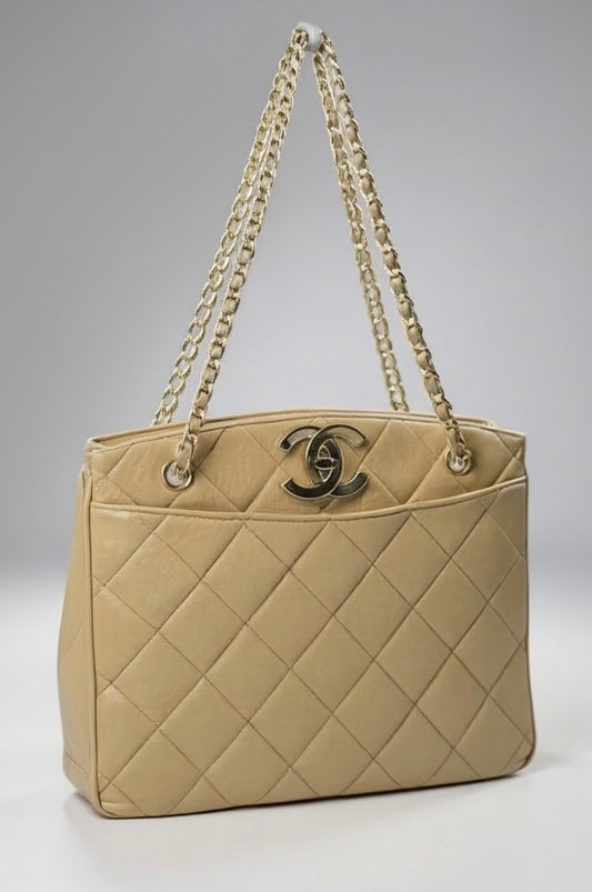 Chanel Vintage 24K CC Beige Lambskin Classic Timeless Tote Bag