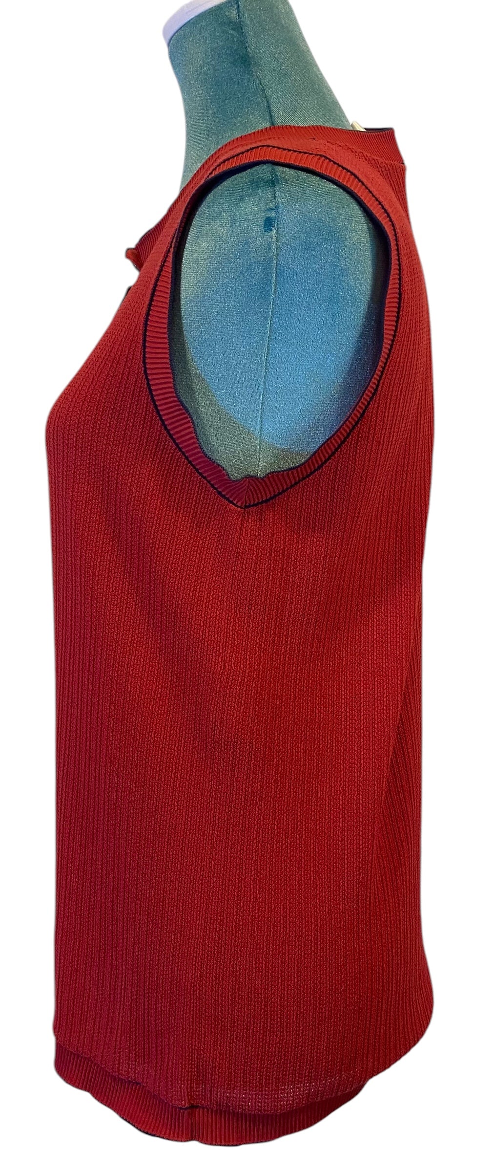 Chanel Red Navy Blue Cotton Knit Sleeveless Blouse FR 42