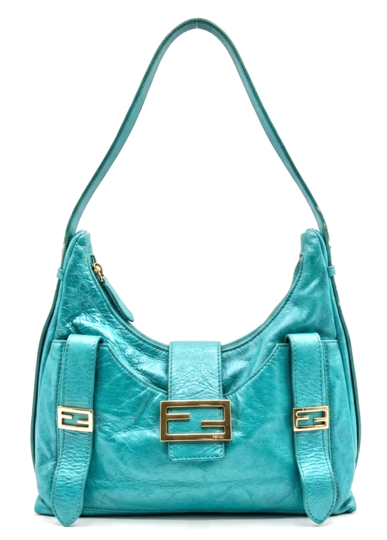 Rare Vintage Fendi Metallic Tiffany Blue Leather Sweet Hobo Baguette Bag SHW