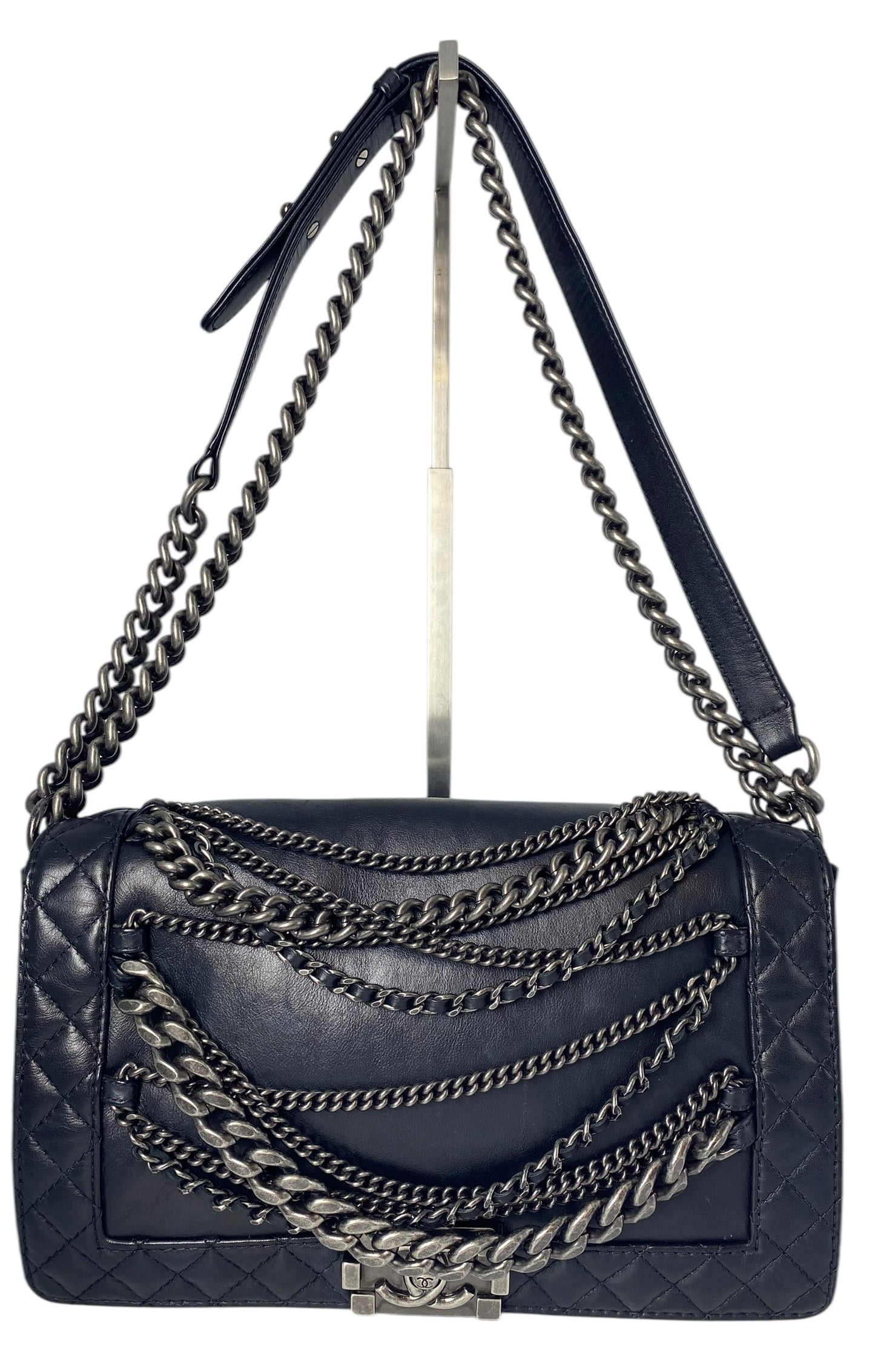 Chanel 2013 Enchained Boy Bag Black Leather Medium Flap Bag